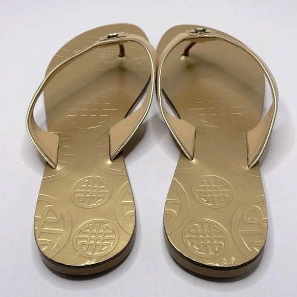 Fashion Gold leather Flip Flop Sandals Sz 9 - Picture 4 of 8